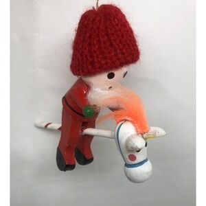Vintage‎ Christmas Tree Ornament Wood Hand Painted Child On Horse Knitted Hat